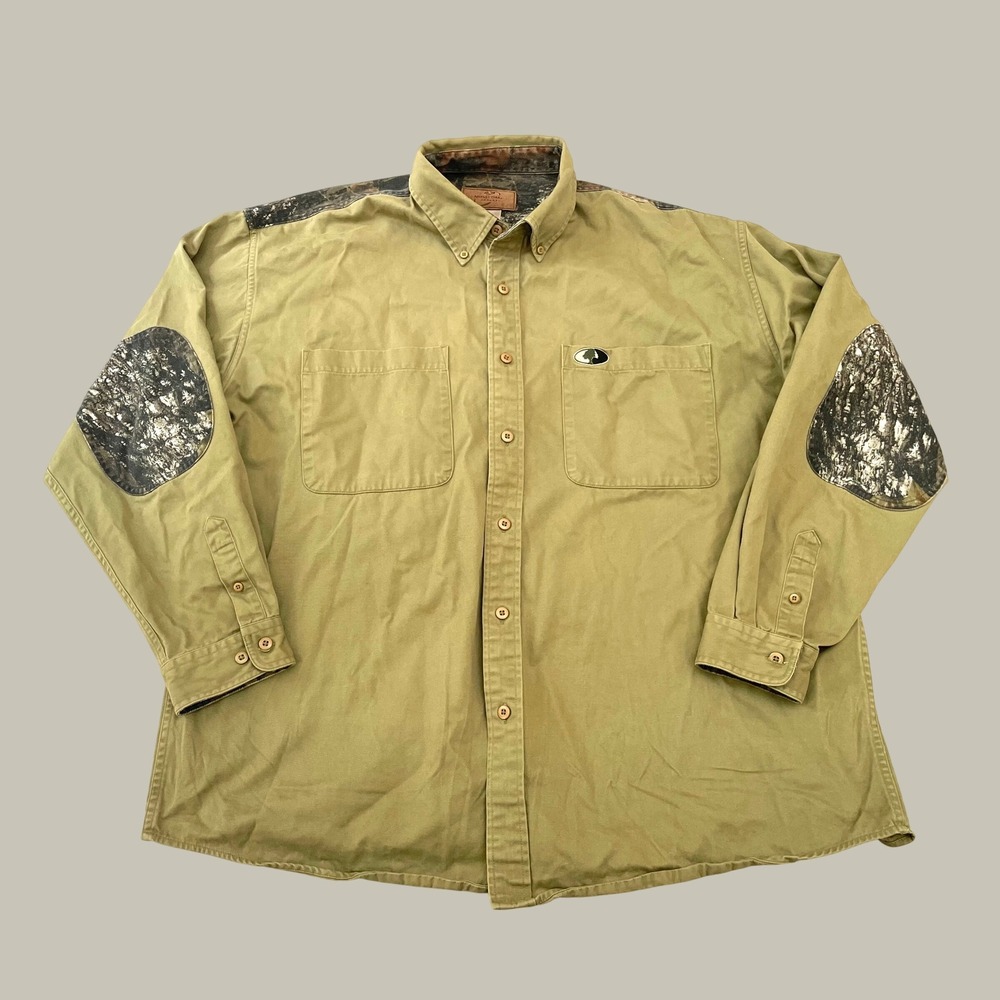 Mossy Oak Button Down Shirt 2XL Green Camo Accent Elbow Patch Hunting Outdoors